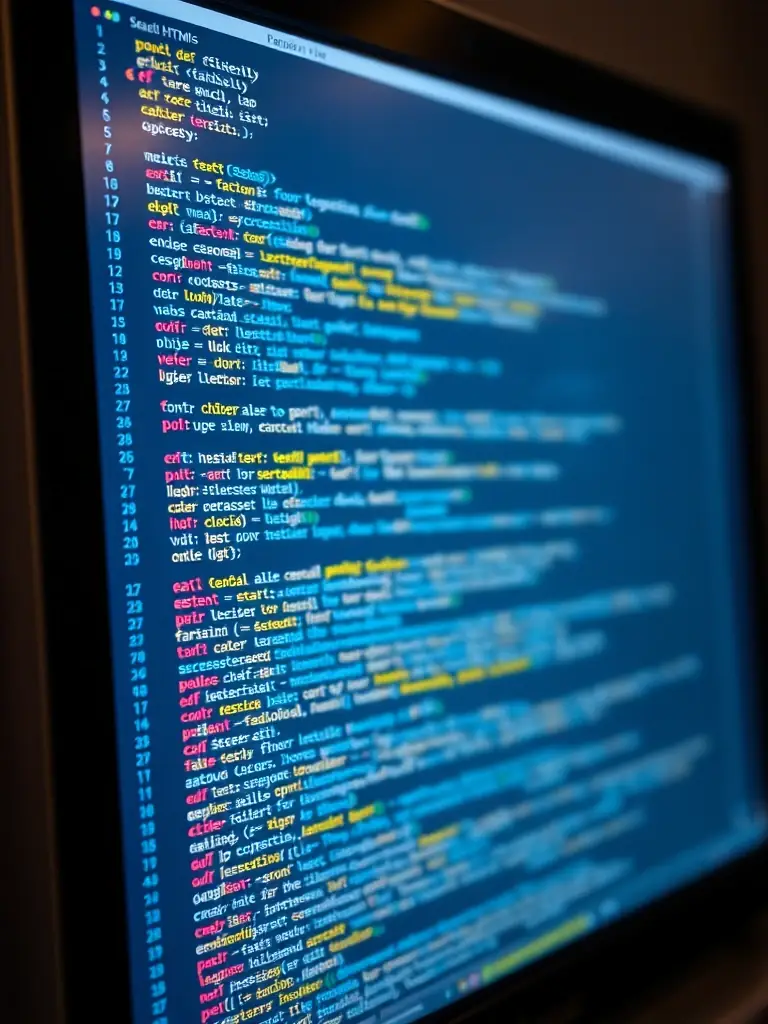 A close-up shot of HTML code displayed on a computer screen, highlighting the structure and tags. The image should convey the building block nature of HTML in web development.