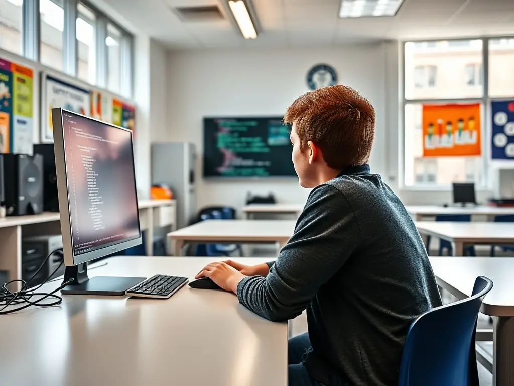 A student in a classroom setting, focused on a laptop screen displaying HTML code, with an instructor providing guidance in the background. The setting is a modern, well-equipped classroom at codecraft.site in India.