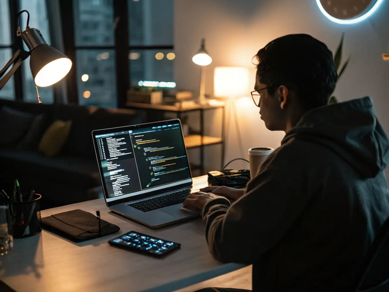 A developer working on a JavaScript project, showcasing dynamic web elements and interactive features on the screen. The environment is a collaborative workspace at codecraft.site in India.