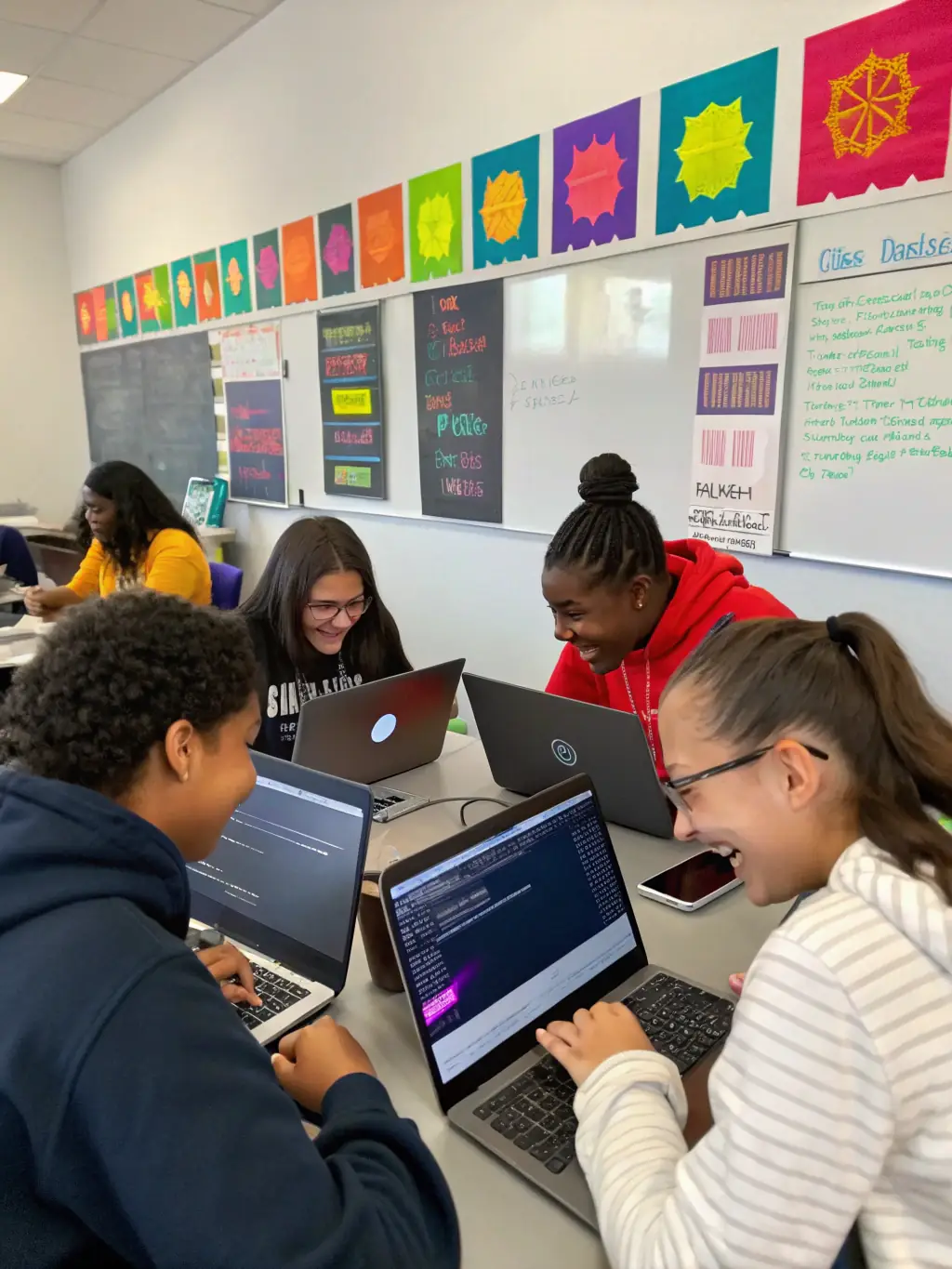 A collaborative coding session with students working together on a web development project, emphasizing teamwork and practical application.
